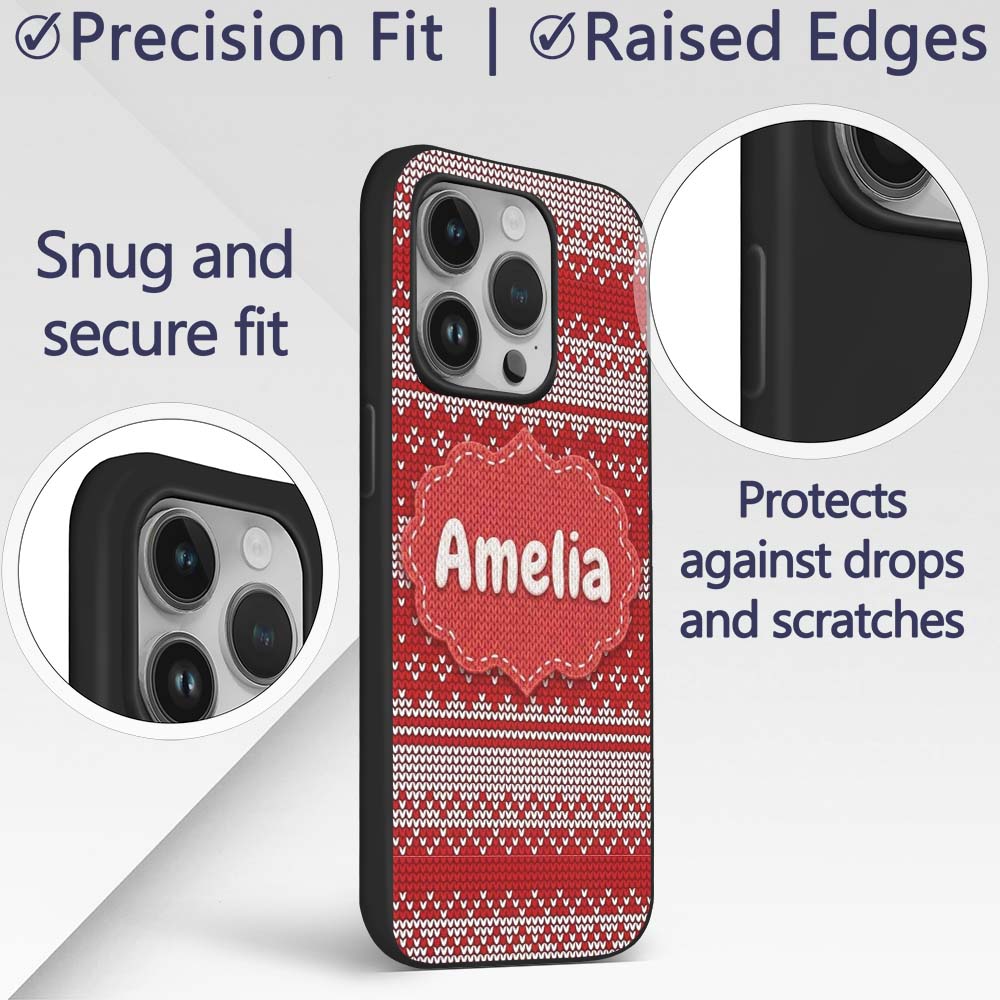 Classic Red White Minimal Knit Texture Seamless Custom Name Protective Phone Case Mobile Cover Durable Everyday Smartphone Shock Resistant