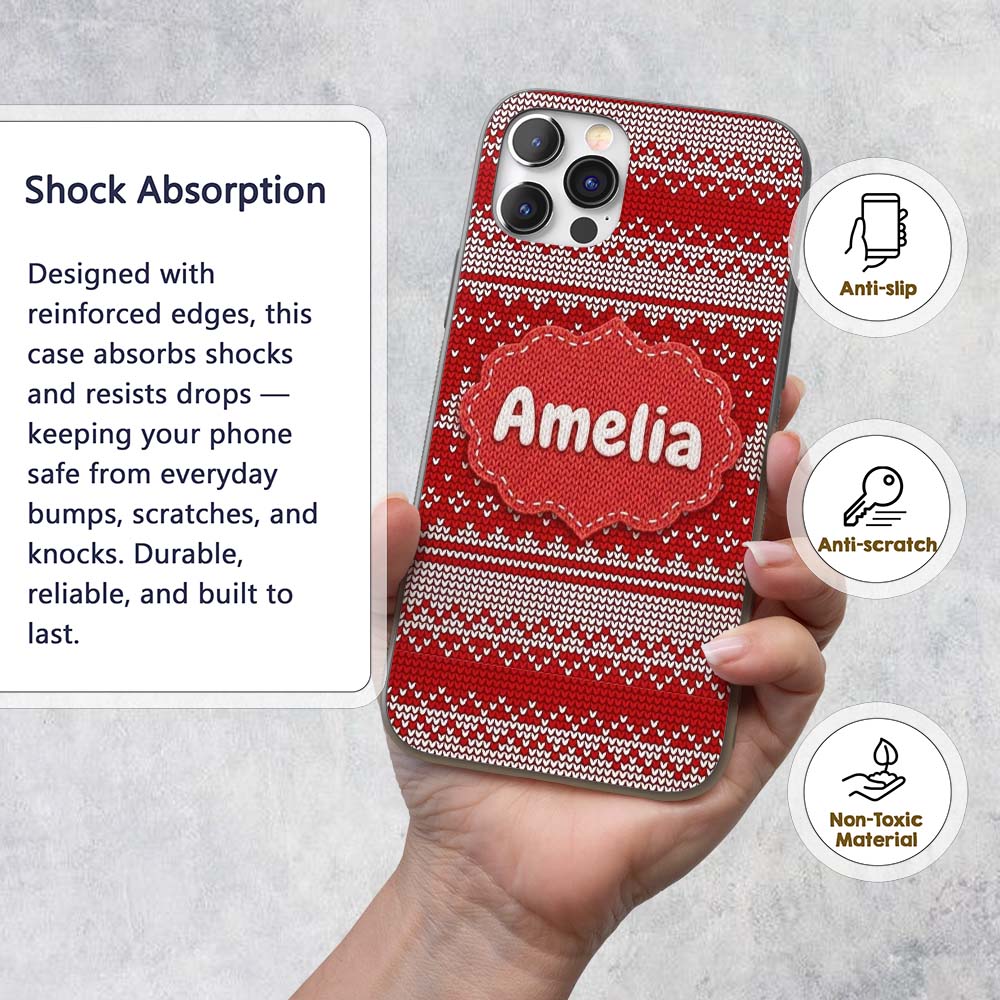 Classic Red White Minimal Knit Texture Seamless Custom Name Protective Phone Case Mobile Cover Durable Everyday Smartphone Shock Resistant