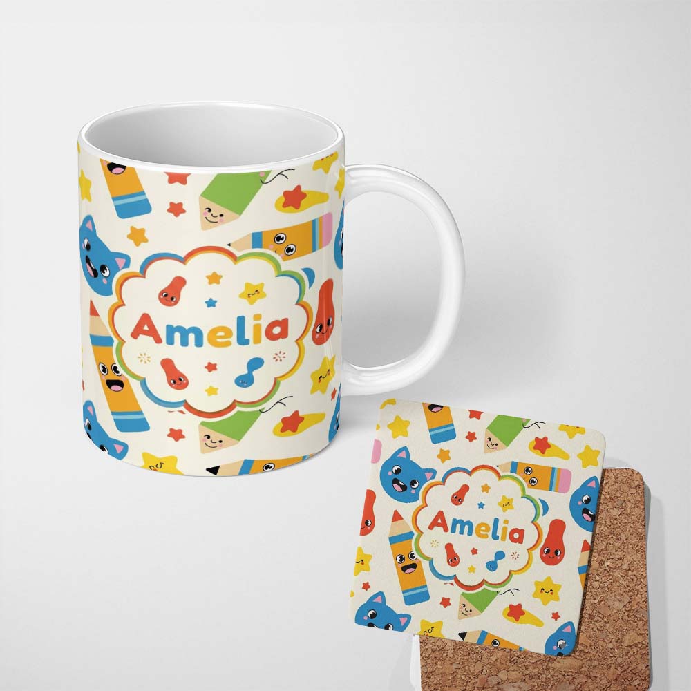 Personalized Custom Name Cute School Supplies Pencils Stars Kawaii Learning Seamless Pattern 11oz Ceramic Coffee Tea Mug White Large Handle