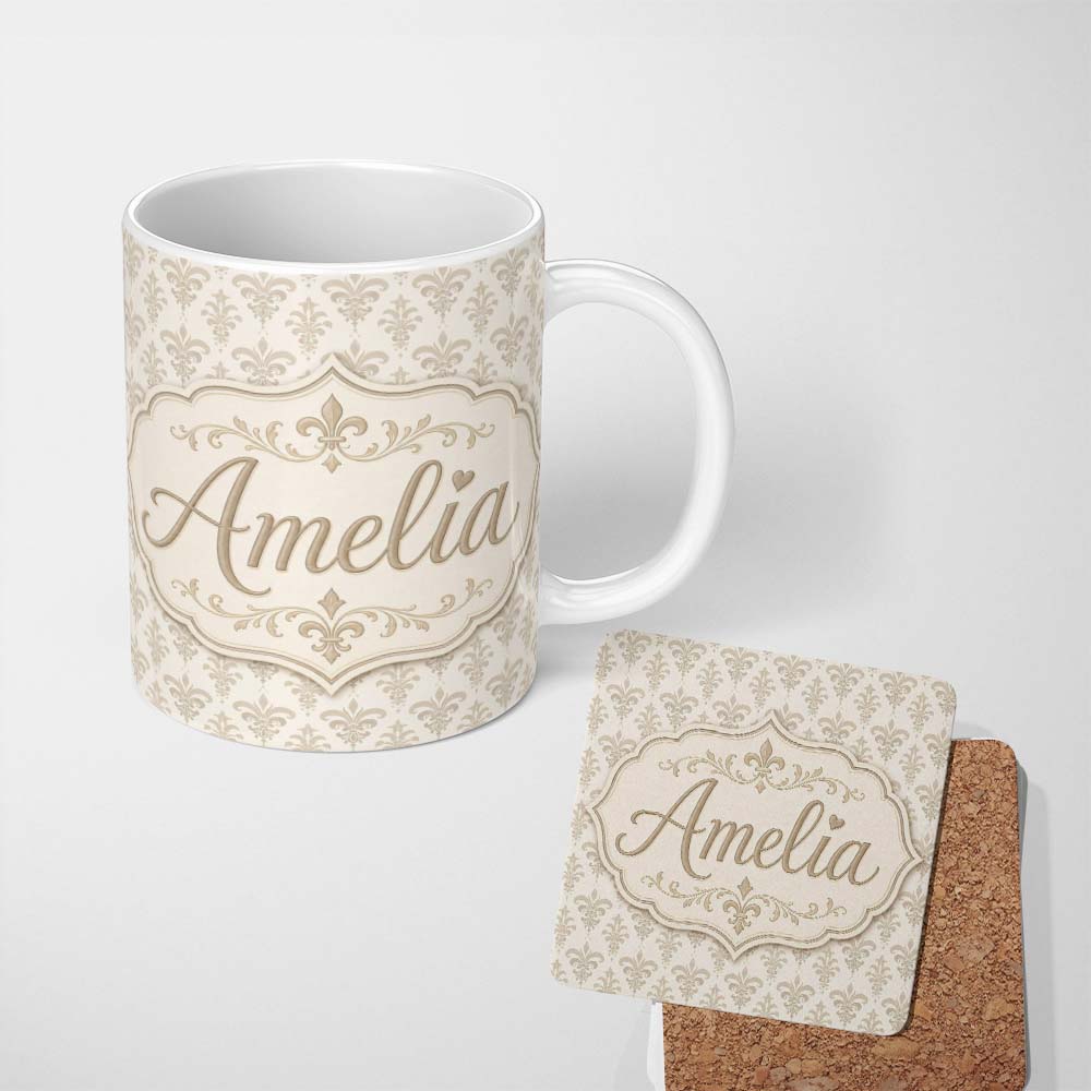 Personalized Custom Name Decorative Fleur de Lis Pattern in Navy Red and Gold on Warm Beige 11oz Ceramic Coffee Tea Mug White Large Handle