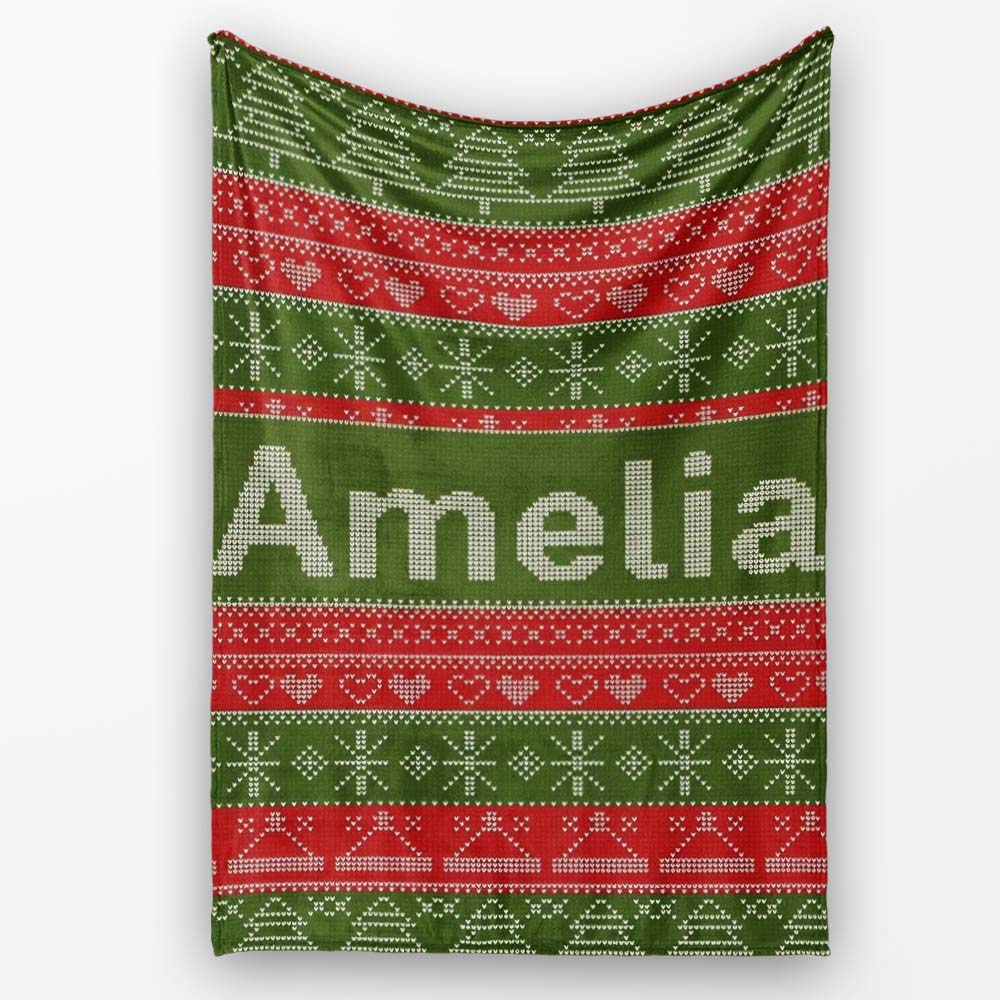 Green Red Nordic Christmas Tree Snowflake Fair Isle Seamless Pattern Personalised Custom Name Super Soft Fleece Blanket Bed Sofa Throw