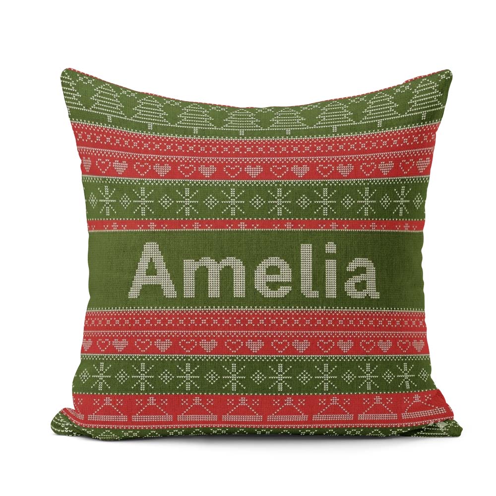 Custom Name Green Red Christmas Tree Snowflake Fair Isle Pattern Square Filled Cushion Throw Pillow Sofa Bed Home Decor Zip Washable UK Made