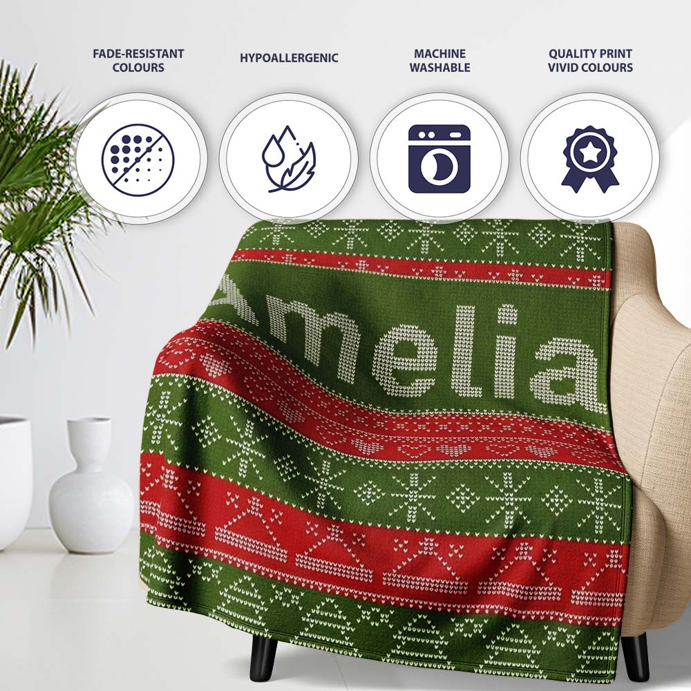 Green Red Nordic Christmas Tree Snowflake Fair Isle Seamless Pattern Personalised Custom Name Super Soft Fleece Blanket Bed Sofa Throw