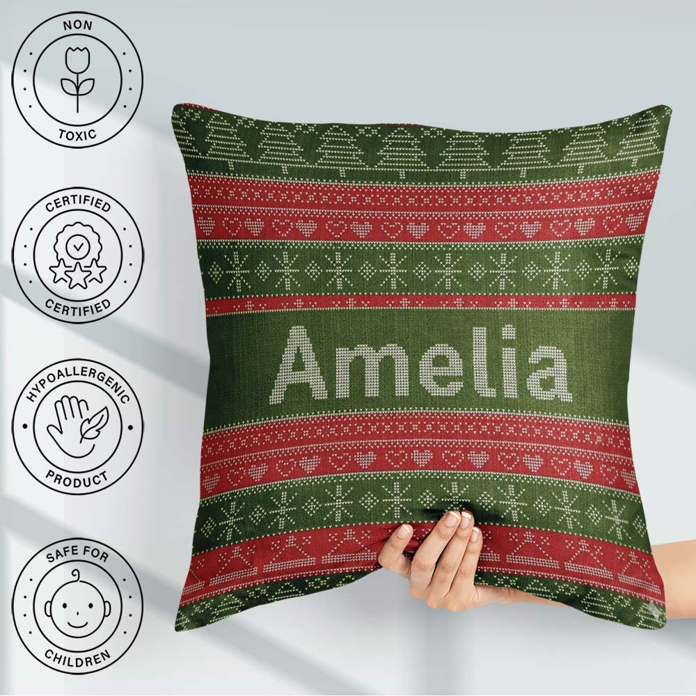 Custom Name Green Red Christmas Tree Snowflake Fair Isle Pattern Square Filled Cushion Throw Pillow Sofa Bed Home Decor Zip Washable UK Made