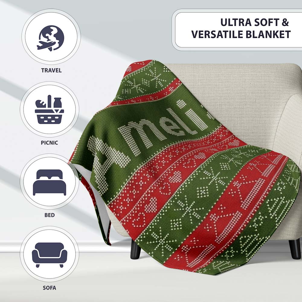 Green Red Nordic Christmas Tree Snowflake Fair Isle Seamless Pattern Personalised Custom Name Super Soft Fleece Blanket Bed Sofa Throw