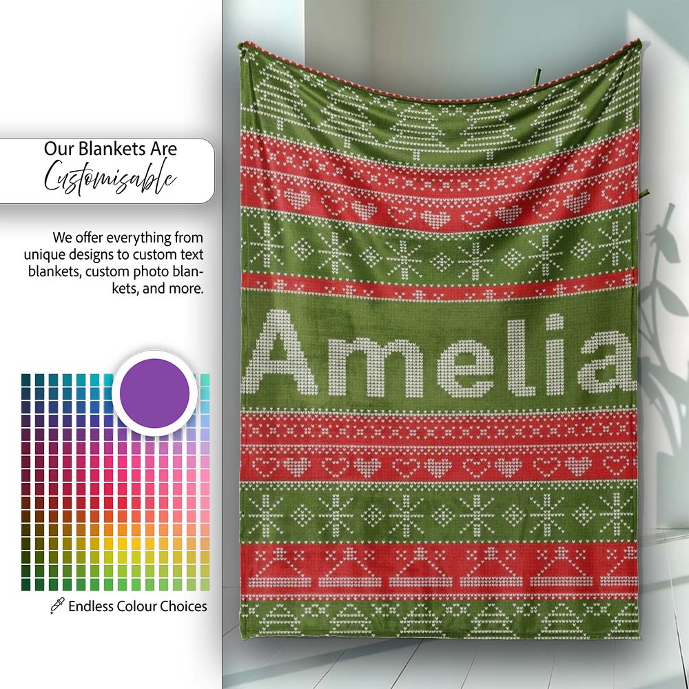 Green Red Nordic Christmas Tree Snowflake Fair Isle Seamless Pattern Personalised Custom Name Super Soft Fleece Blanket Bed Sofa Throw
