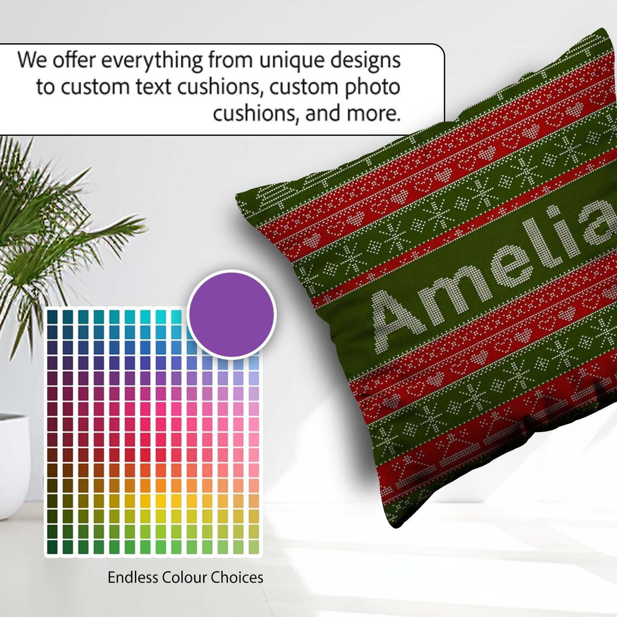 Custom Name Green Red Christmas Tree Snowflake Fair Isle Pattern Square Filled Cushion Throw Pillow Sofa Bed Home Decor Zip Washable UK Made
