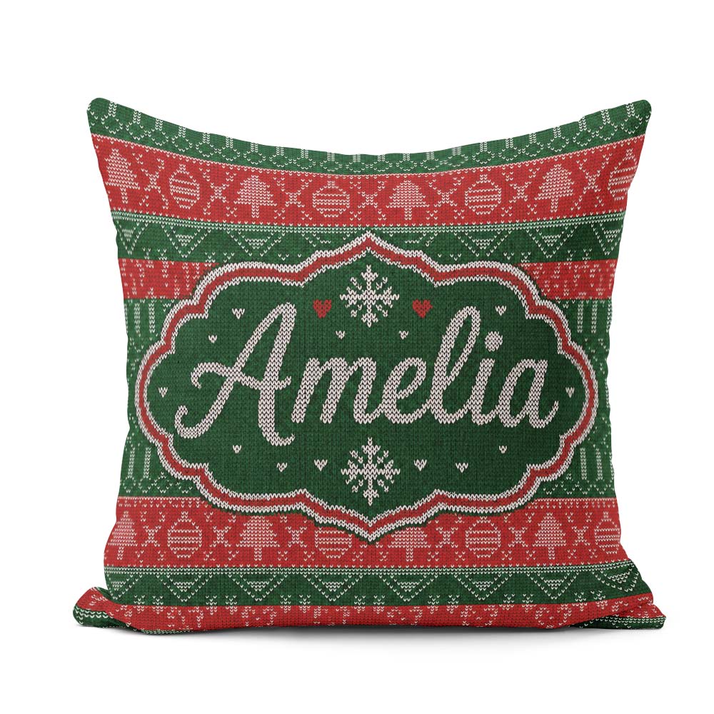 Custom Name Red Green Christmas Ornament Tree Heart Knit Pattern Square Filled Cushion Throw Pillow Sofa Bed Home Decor Zip Washable UK Made