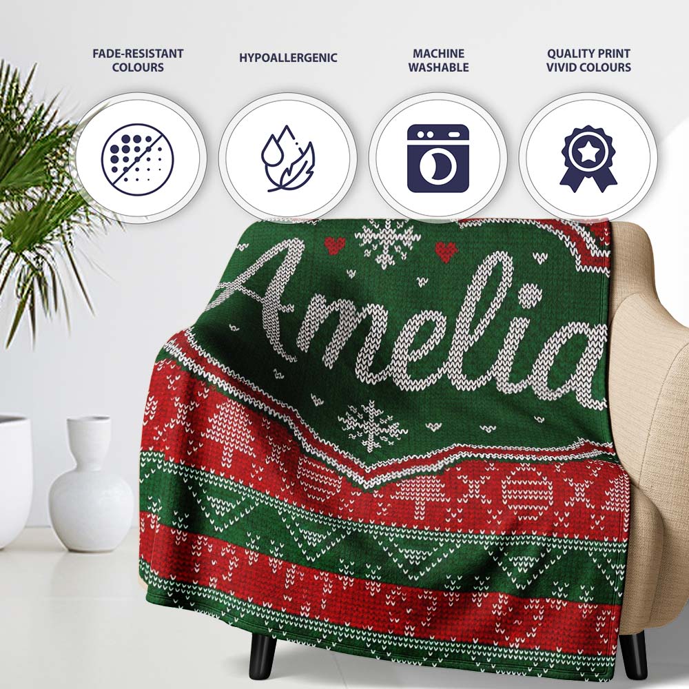 Red Green Nordic Christmas Ornament Tree Heart Knit Seamless Pattern Personalised Custom Name Super Soft Fleece Blanket Bed Sofa Throw