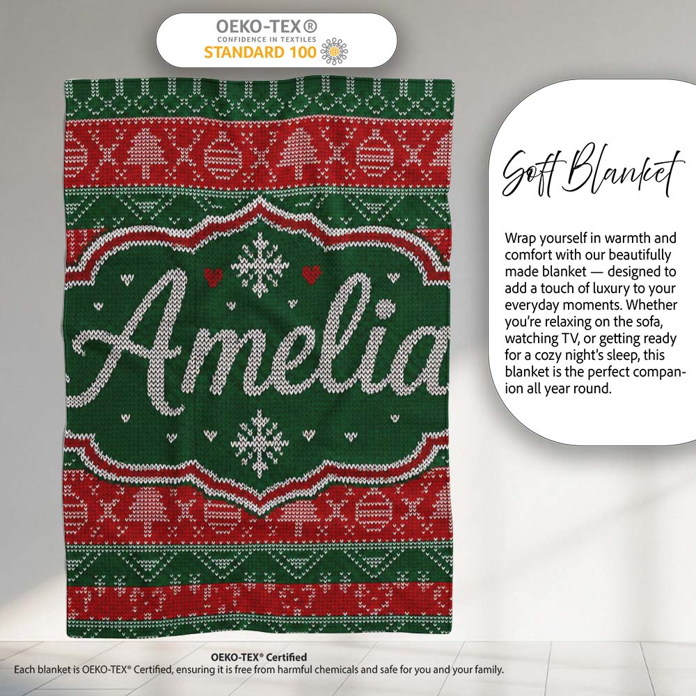 Red Green Nordic Christmas Ornament Tree Heart Knit Seamless Pattern Personalised Custom Name Super Soft Fleece Blanket Bed Sofa Throw