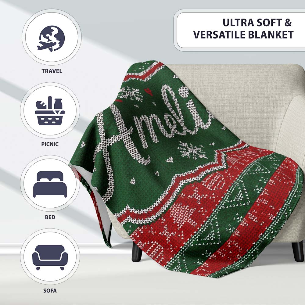 Red Green Nordic Christmas Ornament Tree Heart Knit Seamless Pattern Personalised Custom Name Super Soft Fleece Blanket Bed Sofa Throw
