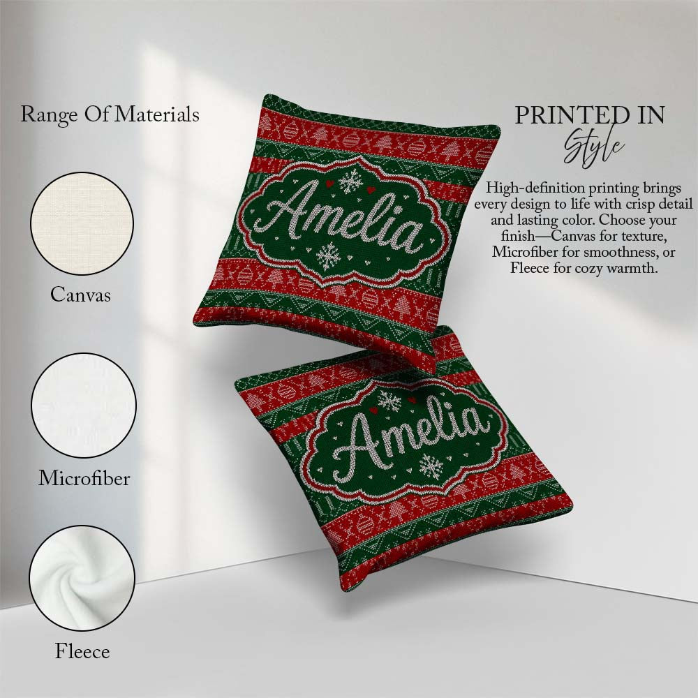 Custom Name Red Green Christmas Ornament Tree Heart Knit Pattern Square Filled Cushion Throw Pillow Sofa Bed Home Decor Zip Washable UK Made