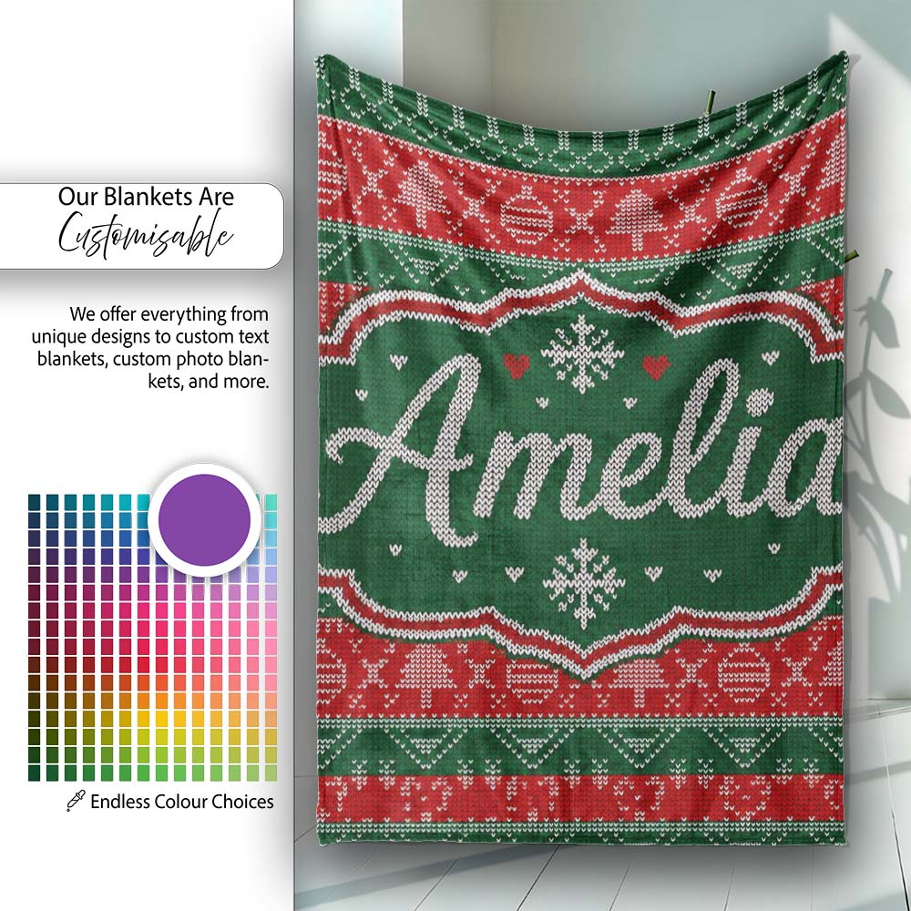 Red Green Nordic Christmas Ornament Tree Heart Knit Seamless Pattern Personalised Custom Name Super Soft Fleece Blanket Bed Sofa Throw