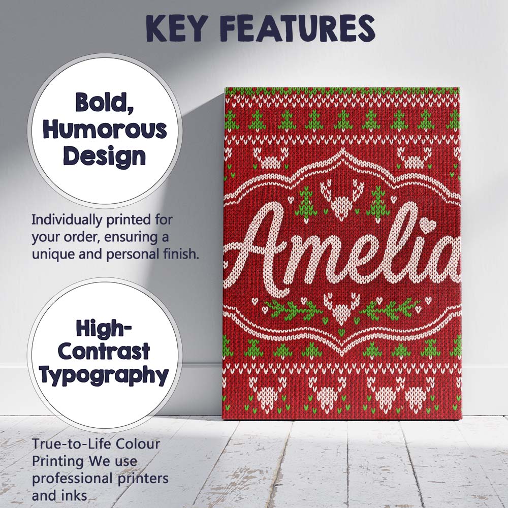 Personalised Name Red Green Cute Christmas Custom Unique Gift Idea Elegant Feature Canvas Wall Art Print Decor Picture Ready to Hang