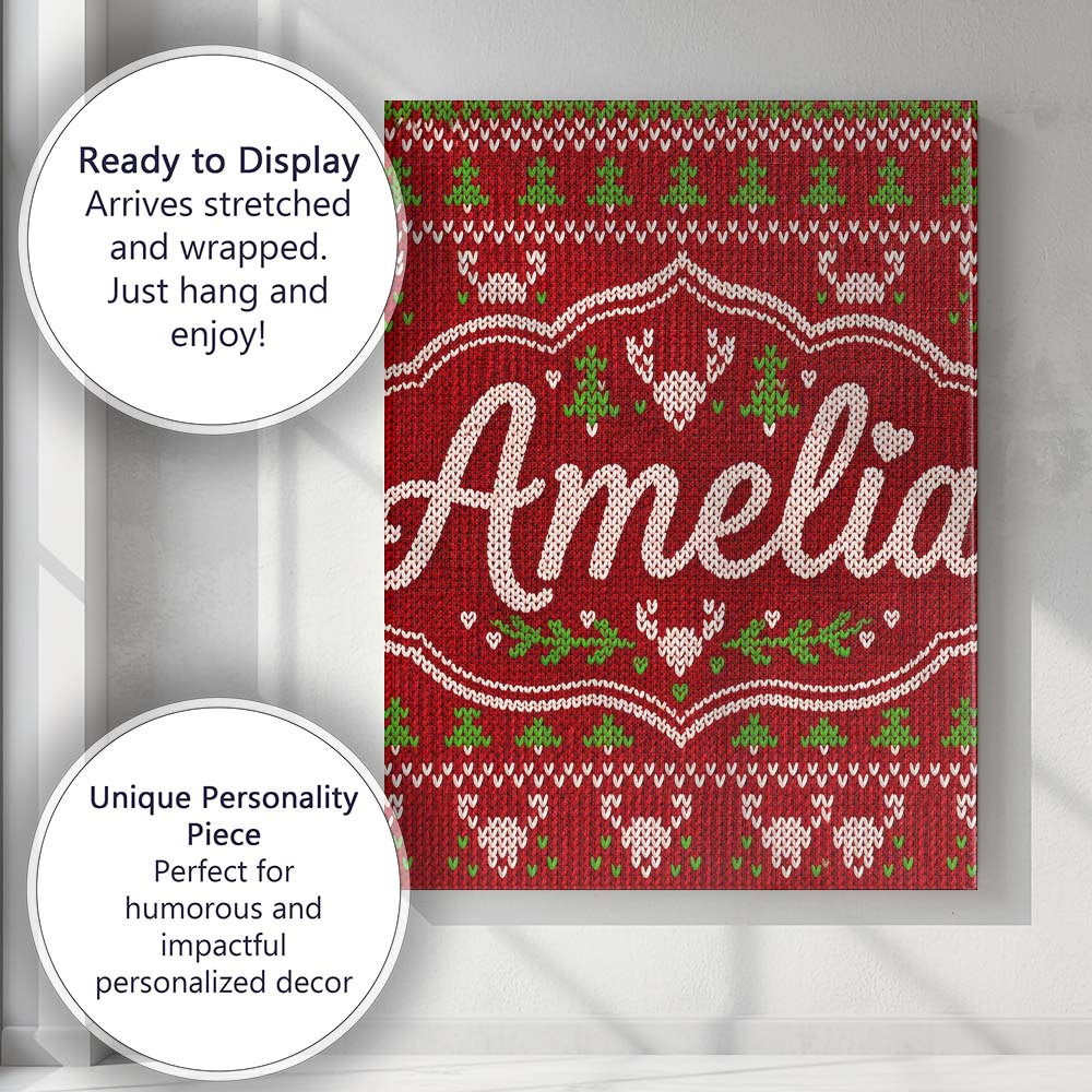 Personalised Name Red Green Cute Christmas Custom Unique Gift Idea Elegant Feature Canvas Wall Art Print Decor Picture Ready to Hang