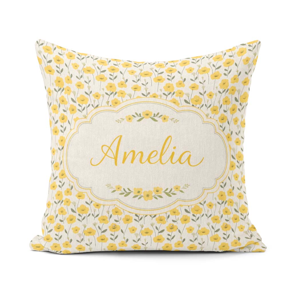 Custom Name Yellow Wildflower Seamless Pattern Minimal Botanical Square Filled Cushion Throw Pillow Sofa Bed Home Decor Zip Washable UK Made