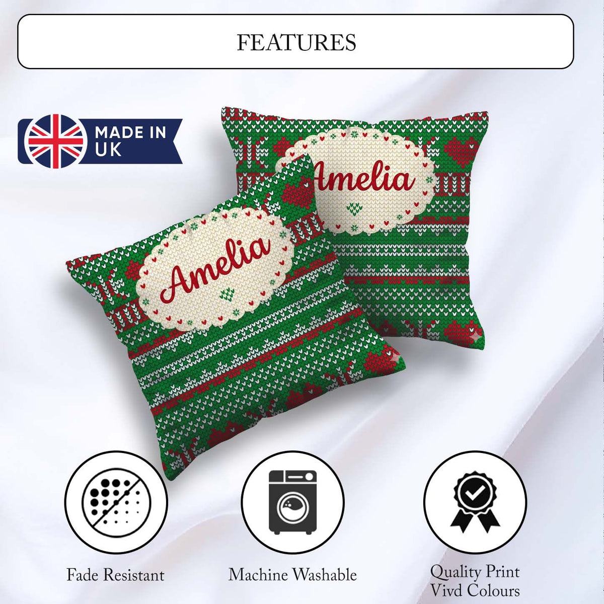 Custom Name Green Red White Classic Nordic Knit Seamless Pattern Square Filled Cushion Throw Pillow Sofa Bed Home Decor Zip Washable UK Made
