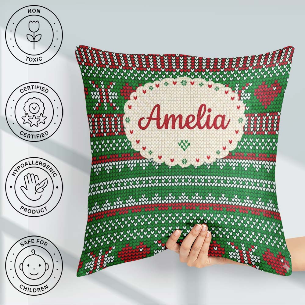 Custom Name Green Red White Classic Nordic Knit Seamless Pattern Square Filled Cushion Throw Pillow Sofa Bed Home Decor Zip Washable UK Made