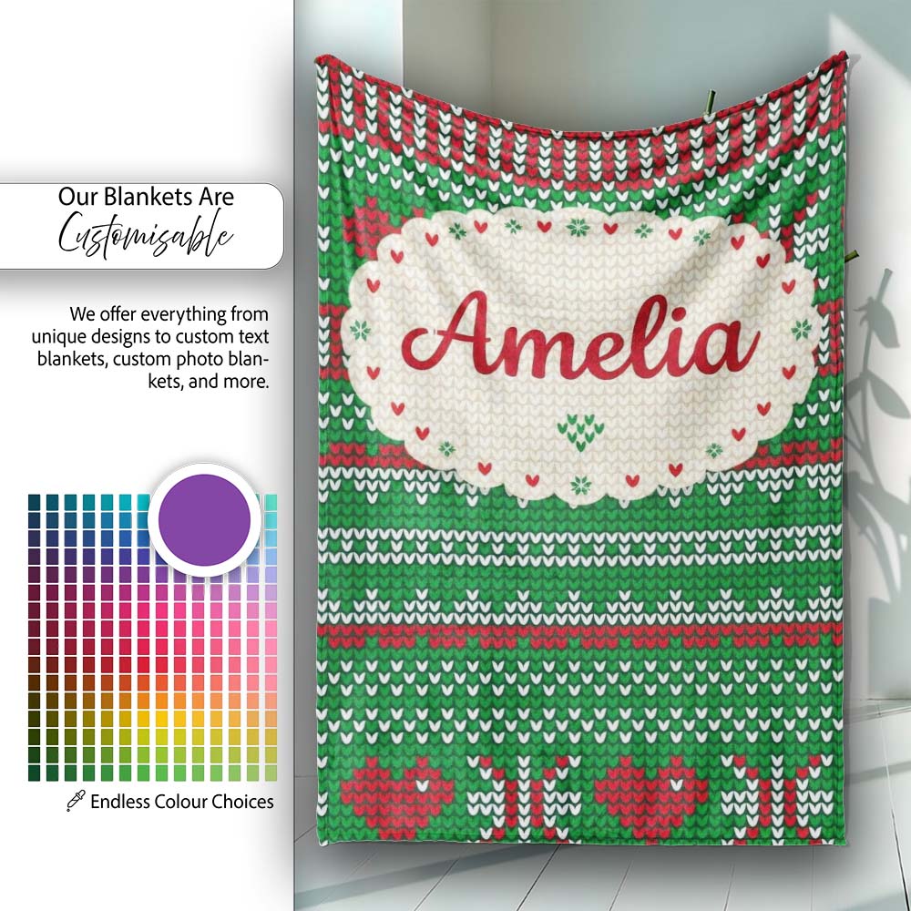Green Red White Classic Nordic Knit Stripe Seamless Pattern Lovely Personalised Custom Name Super Soft Fleece Blanket Bed Sofa Throw