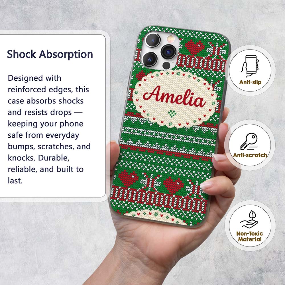 Green Red White Classic Nordic Printed Design Custom Name Protective Phone Case Mobile Cover Durable Everyday Smartphone Shock Resistant