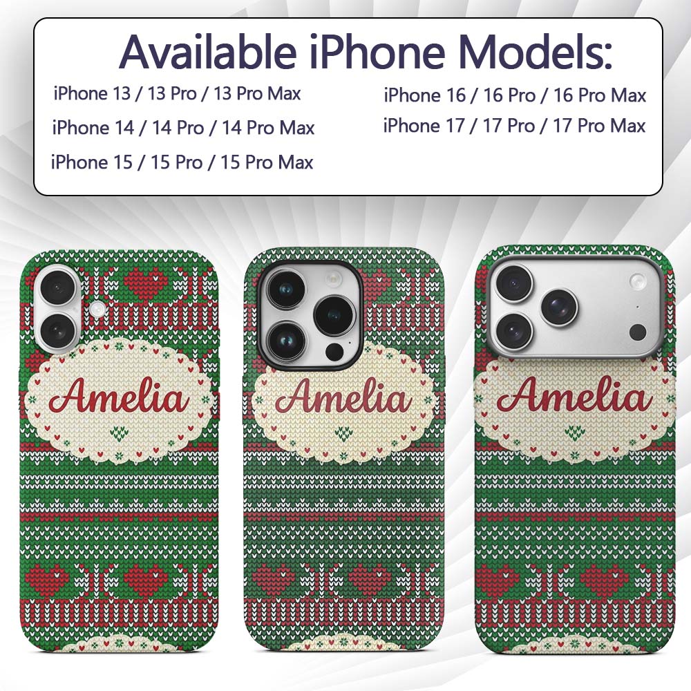Green Red White Classic Nordic Printed Design Custom Name Protective Phone Case Mobile Cover Durable Everyday Smartphone Shock Resistant