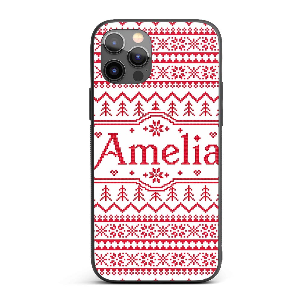 Minimal Red White Nordic Pixel Christmas Knit Custom Name Protective Phone Case Mobile Cover Durable Everyday Smartphone Shock Resistant