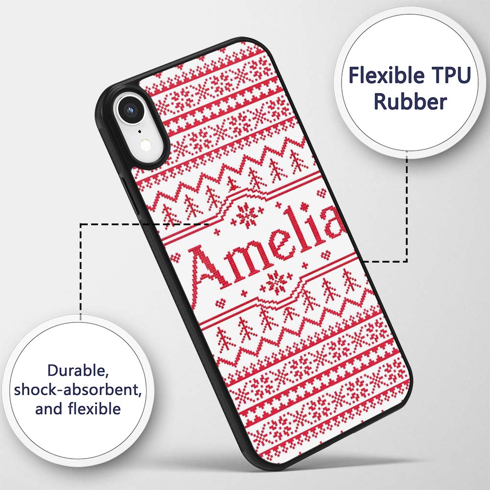 Minimal Red White Nordic Pixel Christmas Knit Custom Name Protective Phone Case Mobile Cover Durable Everyday Smartphone Shock Resistant