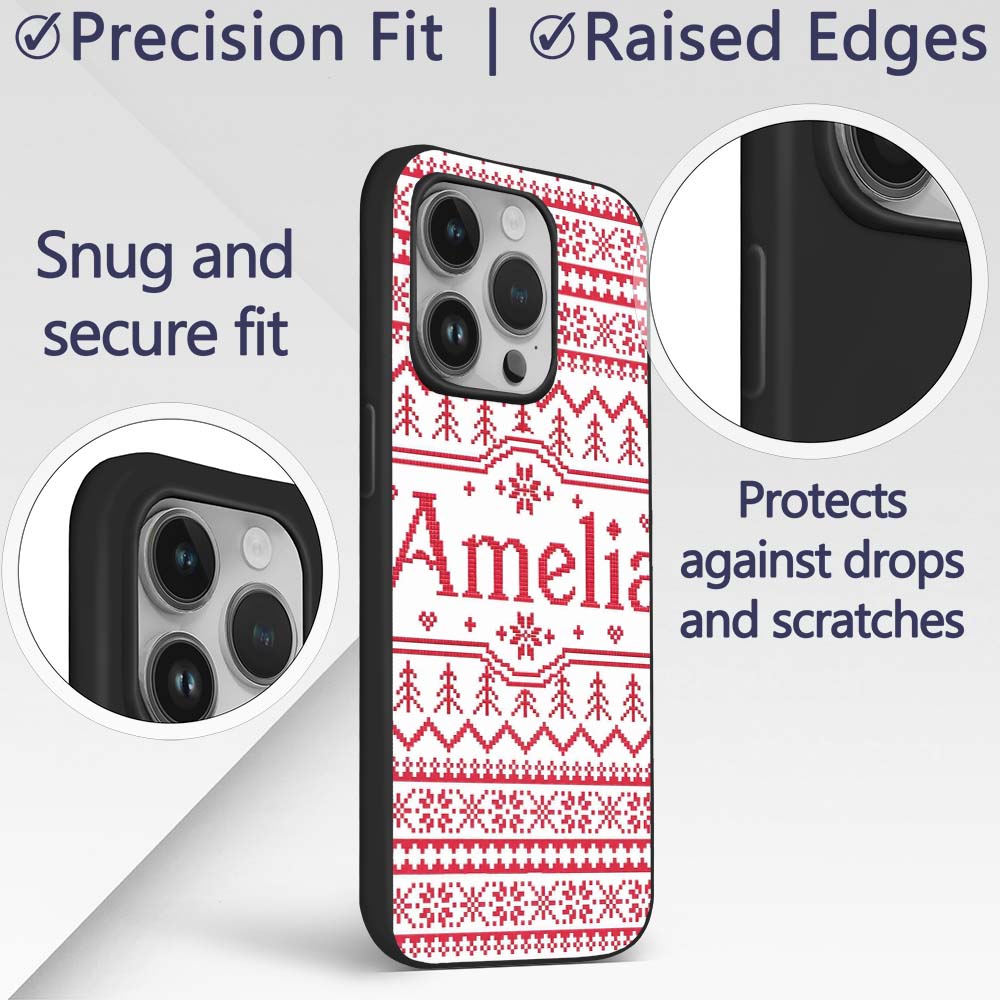 Minimal Red White Nordic Pixel Christmas Knit Custom Name Protective Phone Case Mobile Cover Durable Everyday Smartphone Shock Resistant