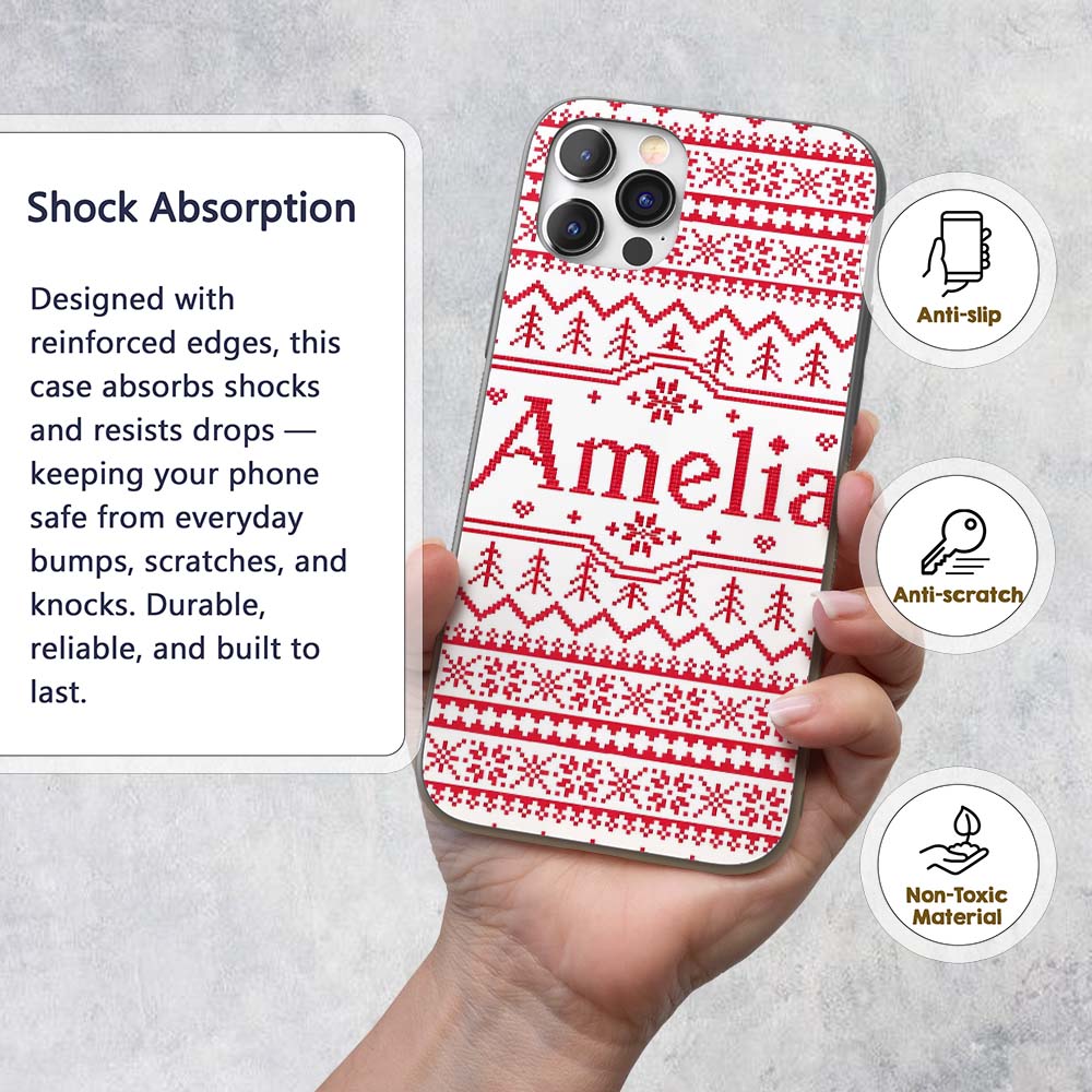 Minimal Red White Nordic Pixel Christmas Knit Custom Name Protective Phone Case Mobile Cover Durable Everyday Smartphone Shock Resistant