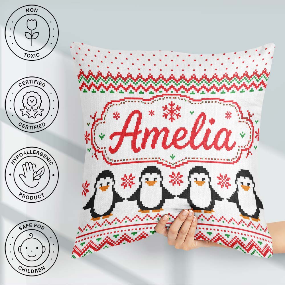 Custom Name White Red Green Nordic Penguin Knit Seamless Pattern Square Filled Cushion Throw Pillow Sofa Bed Home Decor Zip Washable UK Made