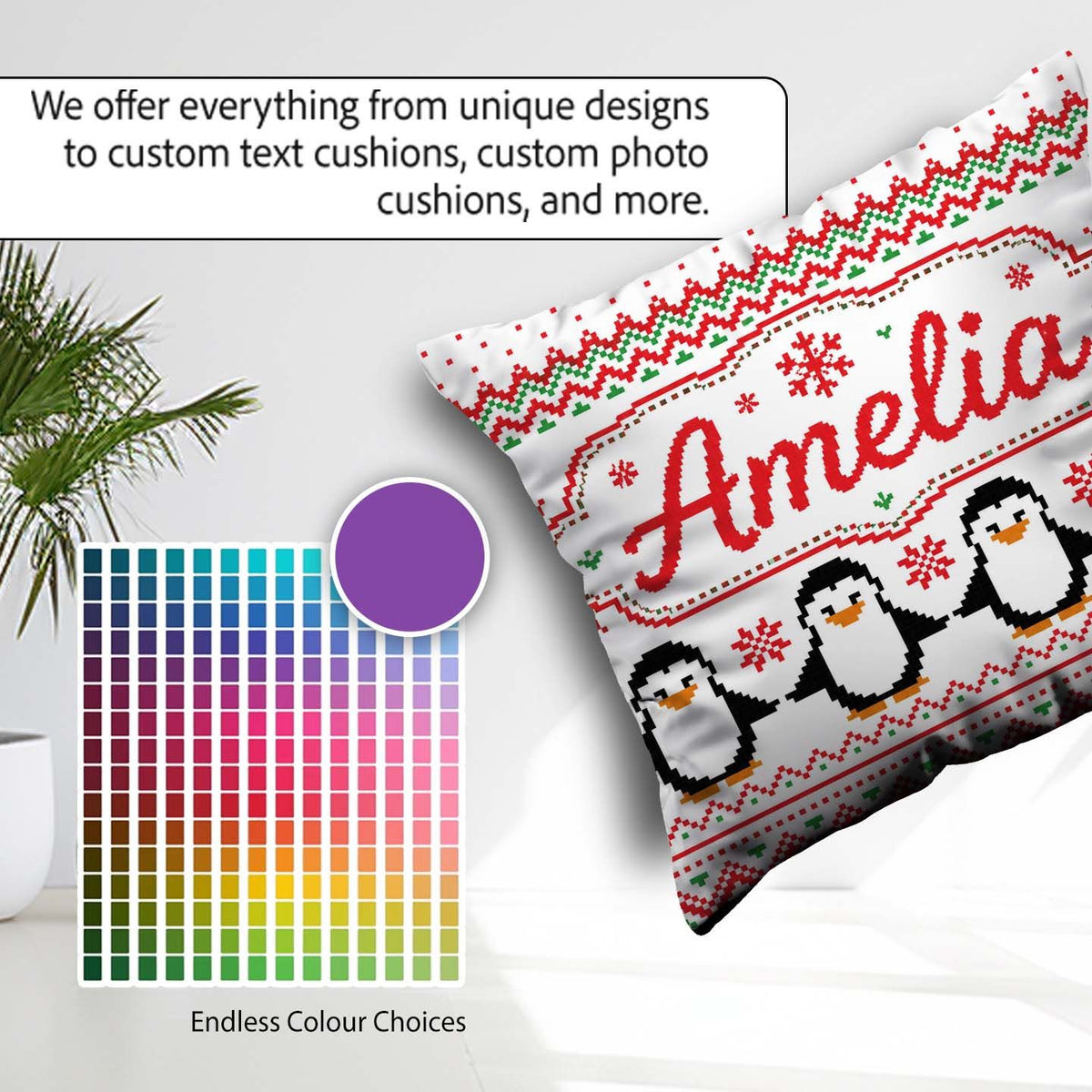 Custom Name White Red Green Nordic Penguin Knit Seamless Pattern Square Filled Cushion Throw Pillow Sofa Bed Home Decor Zip Washable UK Made