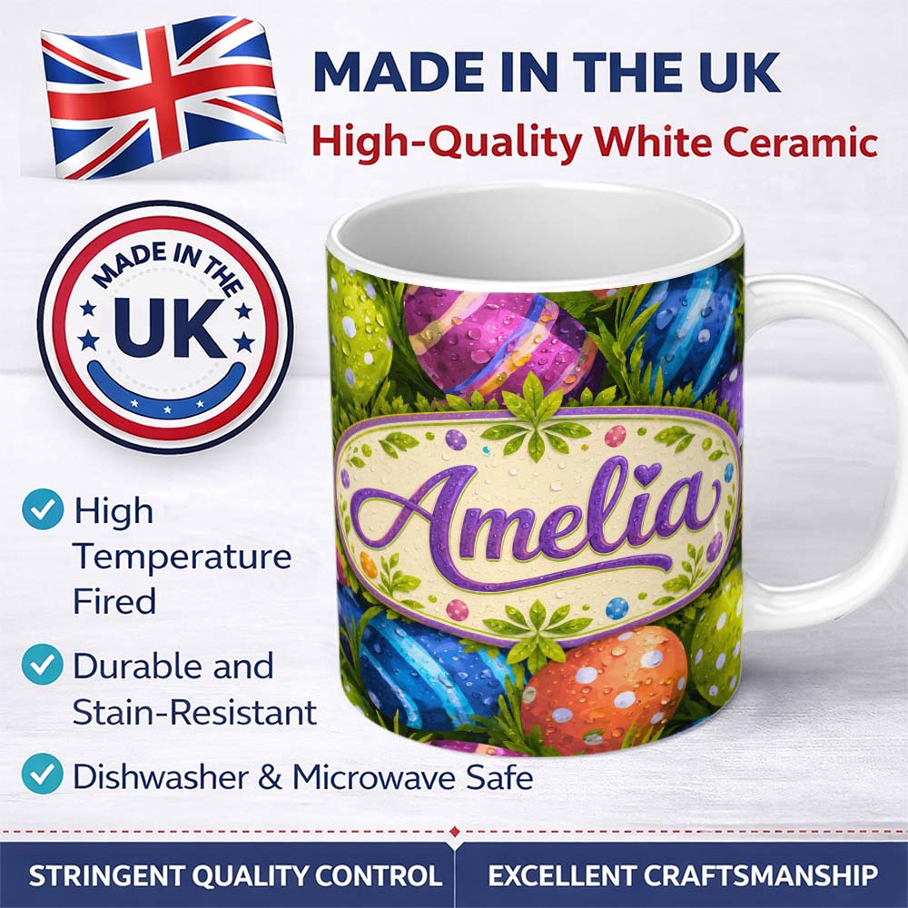 Personalized Custom Name Colourful Easter Eggs with Polka Dots and Stripes on Fresh Grass 11oz Ceramic Coffee Tea Mug White Large Handle