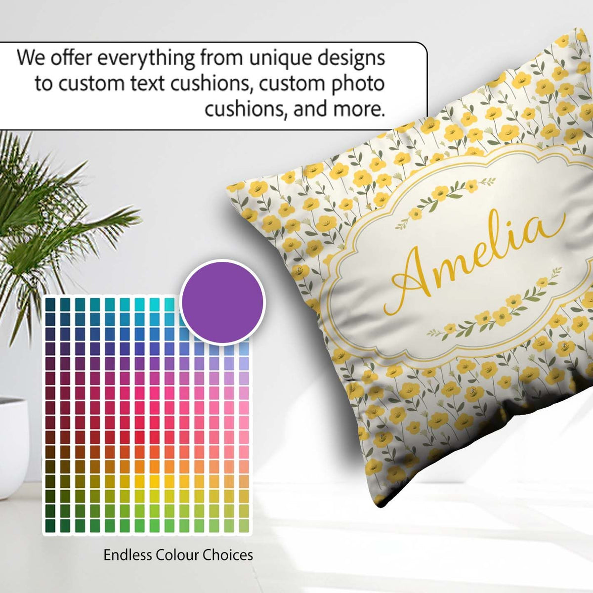 Custom Name Yellow Wildflower Seamless Pattern Minimal Botanical Square Filled Cushion Throw Pillow Sofa Bed Home Decor Zip Washable UK Made