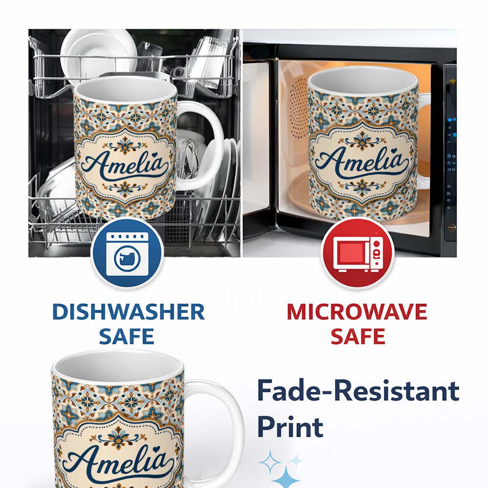 Personalized Custom Name Vintage Blue and Terracotta Ornamental Tile Pattern on Cream Lovely 11oz Ceramic Coffee Tea Mug White Large Handle
