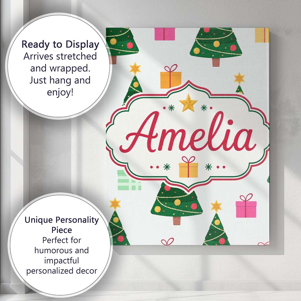 Personalised Name Cute Christmas Tree Custom Unique Gift Idea Modern Room Accent Canvas Wall Art Print Decor Picture Ready to Hang