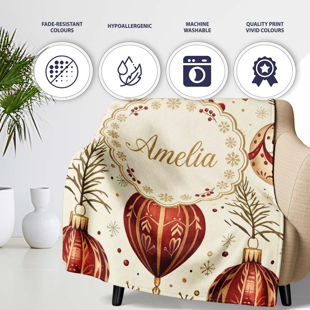 Elegant Red Gold Christmas Baubles Pine Branch Seamless Pattern Personalised Custom Name Super Soft Fleece Blanket Bed Sofa Throw