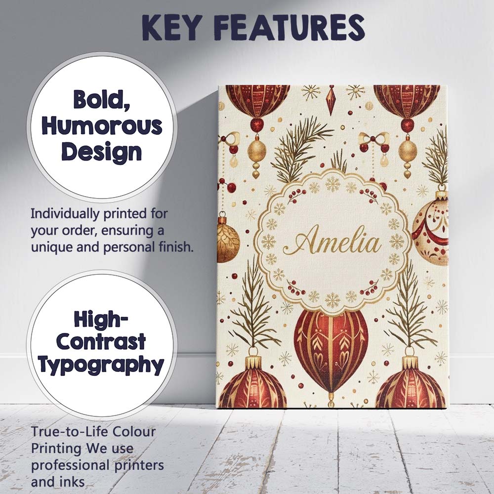 Personalised Name Elegant Red Gold Christmas Custom Bespoke Contemporary Display Canvas Wall Art Print Decor Picture Ready to Hang