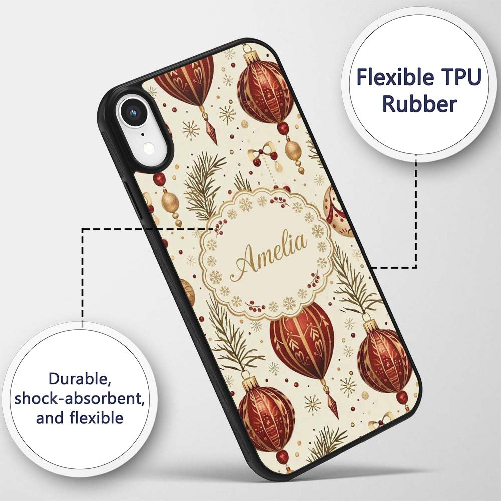 Elegant Red Gold Christmas Baubles Pine Branch Custom Name Protective Phone Case Mobile Cover Durable Everyday Smartphone Shock Resistant