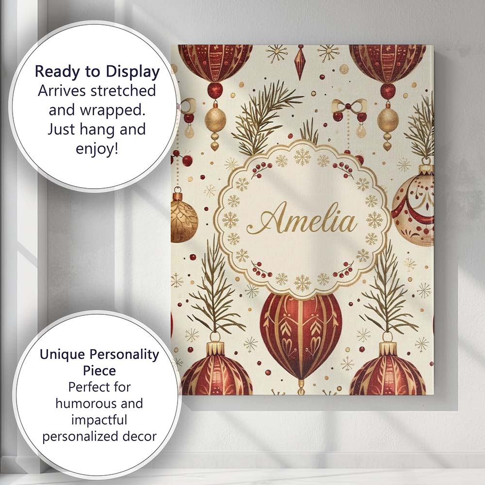 Personalised Name Elegant Red Gold Christmas Custom Bespoke Contemporary Display Canvas Wall Art Print Decor Picture Ready to Hang