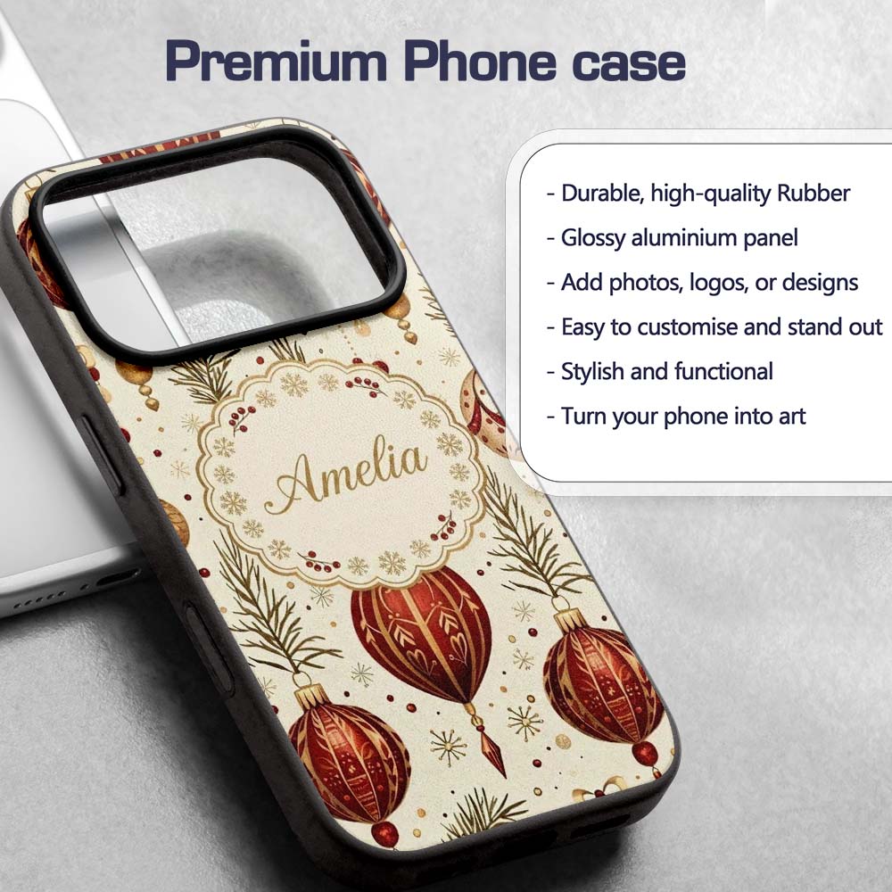Elegant Red Gold Christmas Baubles Pine Branch Custom Name Protective Phone Case Mobile Cover Durable Everyday Smartphone Shock Resistant