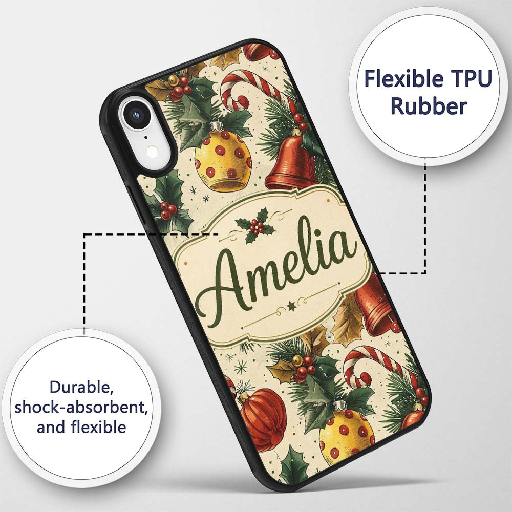 Vintage Christmas Holly Bell Ornament Botanical Custom Name Protective Phone Case Mobile Cover Durable Everyday Smartphone Shock Resistant