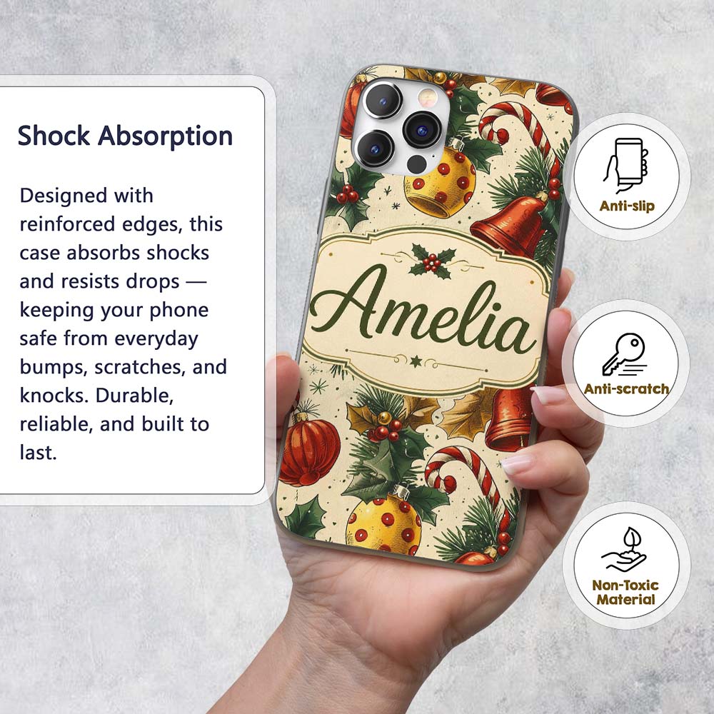 Vintage Christmas Holly Bell Ornament Botanical Custom Name Protective Phone Case Mobile Cover Durable Everyday Smartphone Shock Resistant