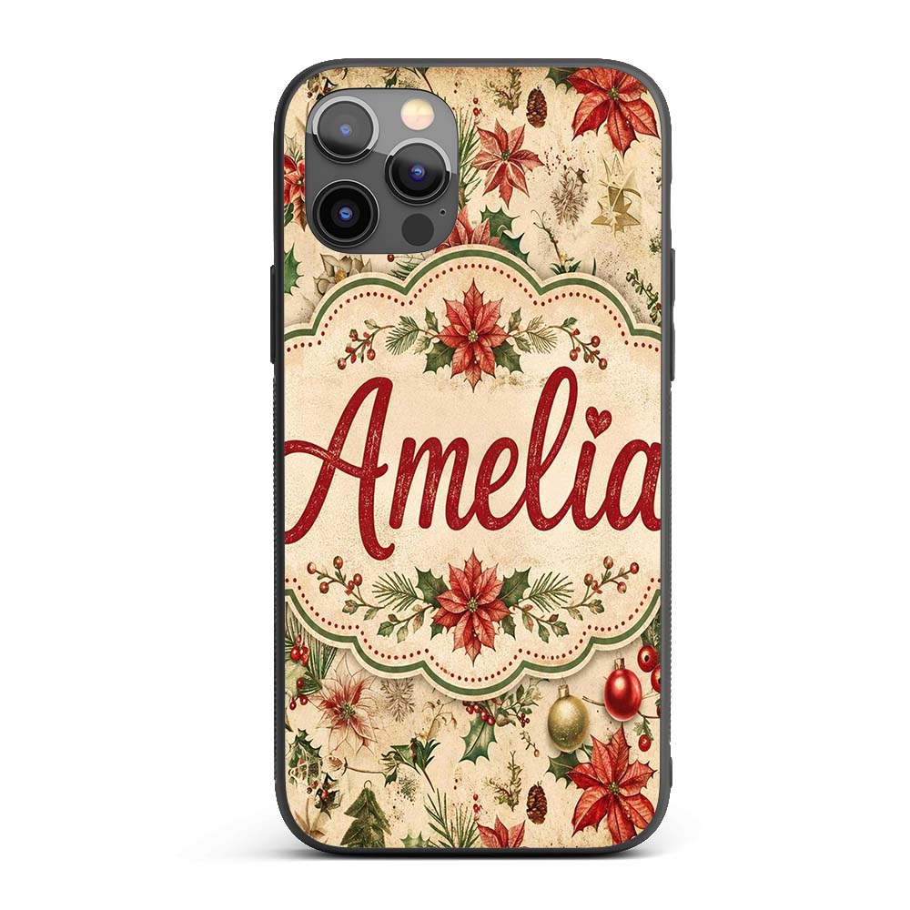 Festive Poinsettia Holly Berry Vintage Christmas Custom Name Protective Phone Case Mobile Cover Durable Everyday Smartphone Shock Resistant