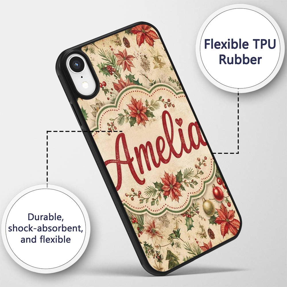 Festive Poinsettia Holly Berry Vintage Christmas Custom Name Protective Phone Case Mobile Cover Durable Everyday Smartphone Shock Resistant