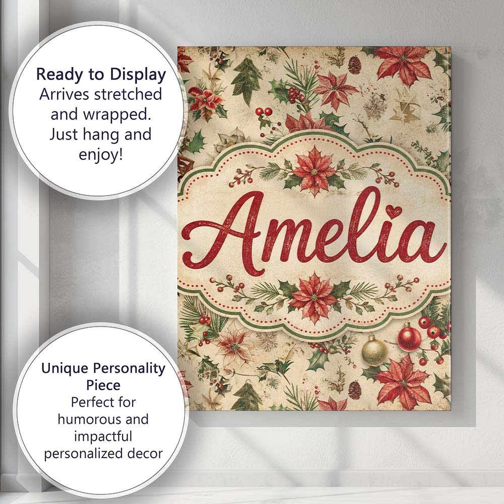 Personalised Name Festive Poinsettia Holly Custom Unique Gift Idea Elegant Feature Canvas Wall Art Print Decor Picture Ready to Hang