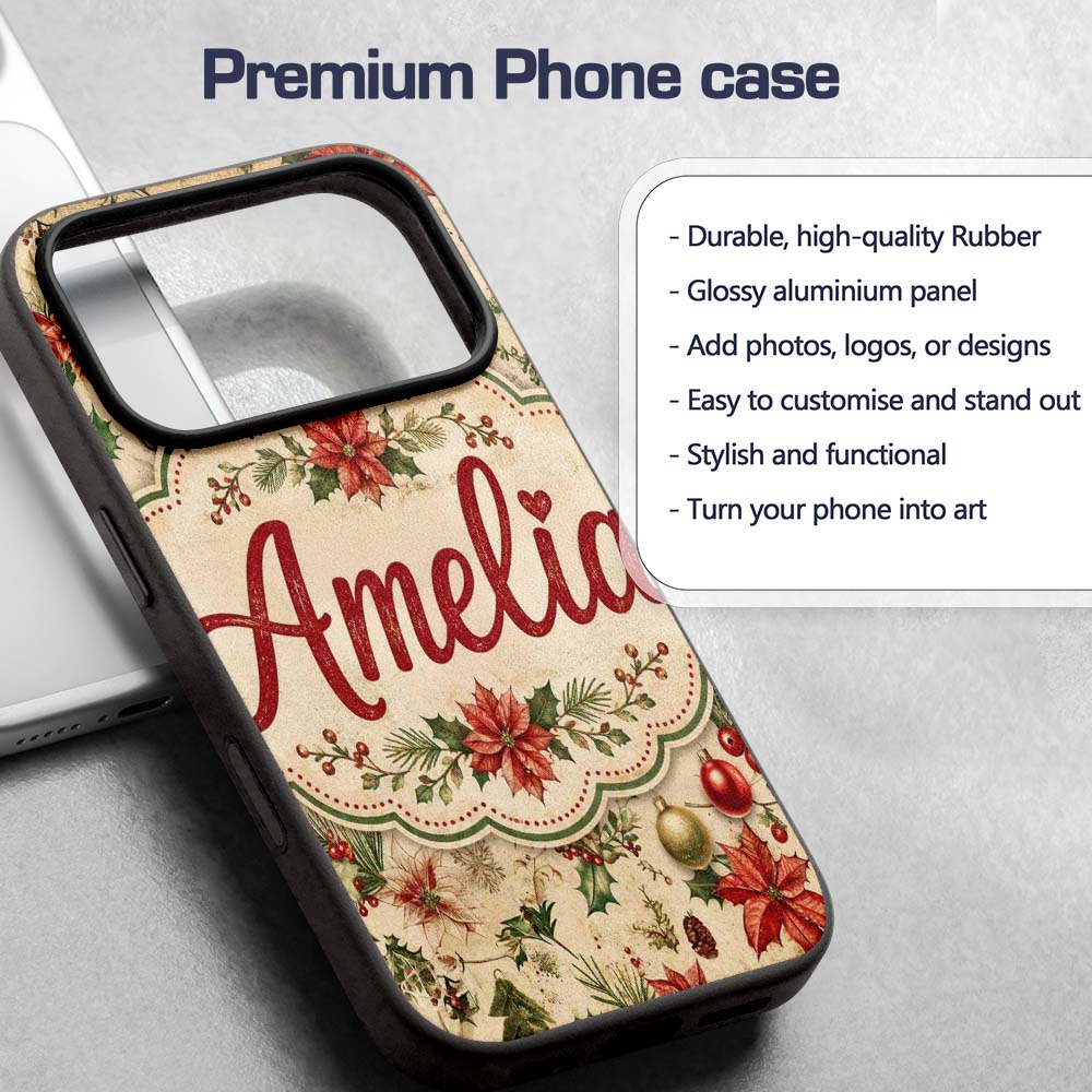 Festive Poinsettia Holly Berry Vintage Christmas Custom Name Protective Phone Case Mobile Cover Durable Everyday Smartphone Shock Resistant