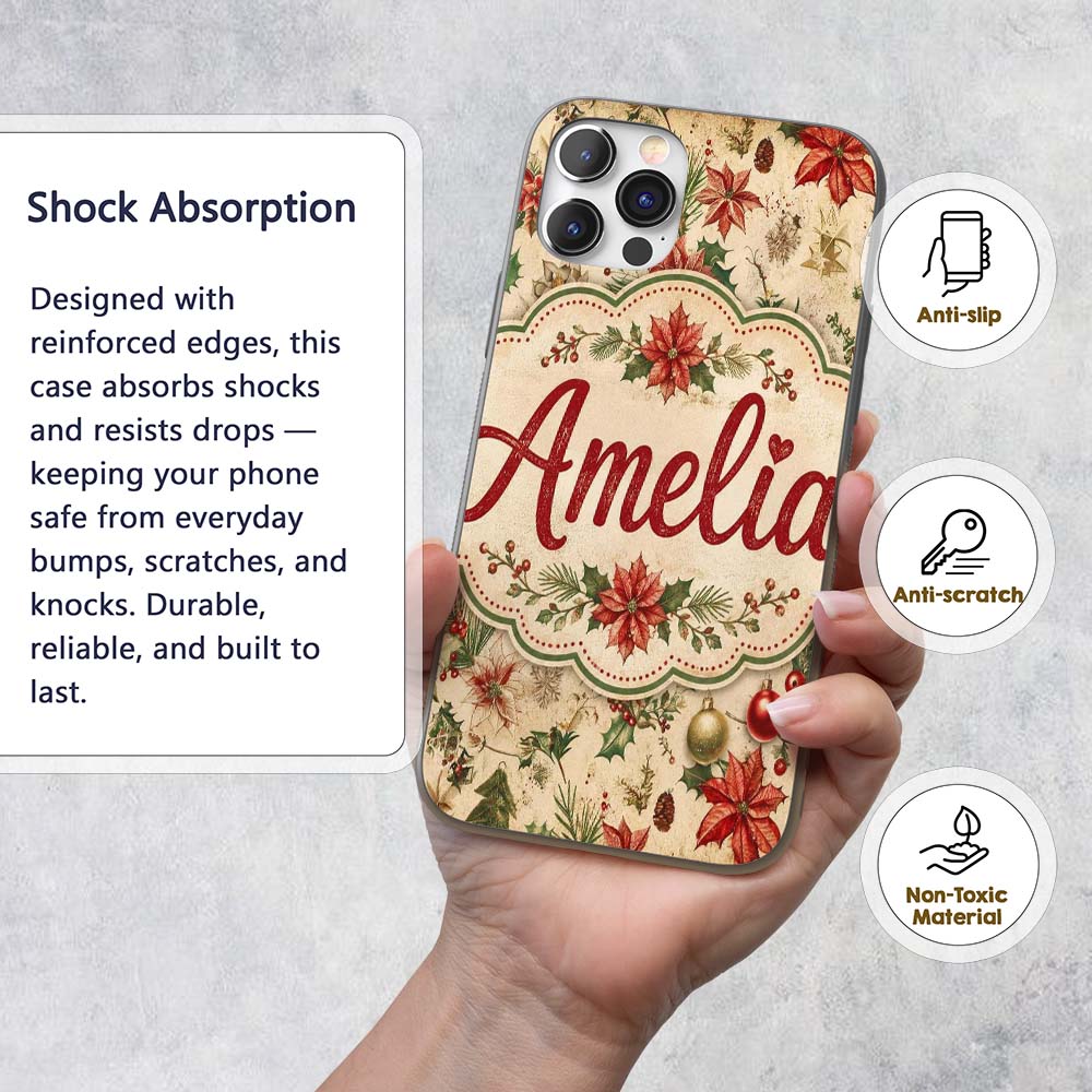 Festive Poinsettia Holly Berry Vintage Christmas Custom Name Protective Phone Case Mobile Cover Durable Everyday Smartphone Shock Resistant