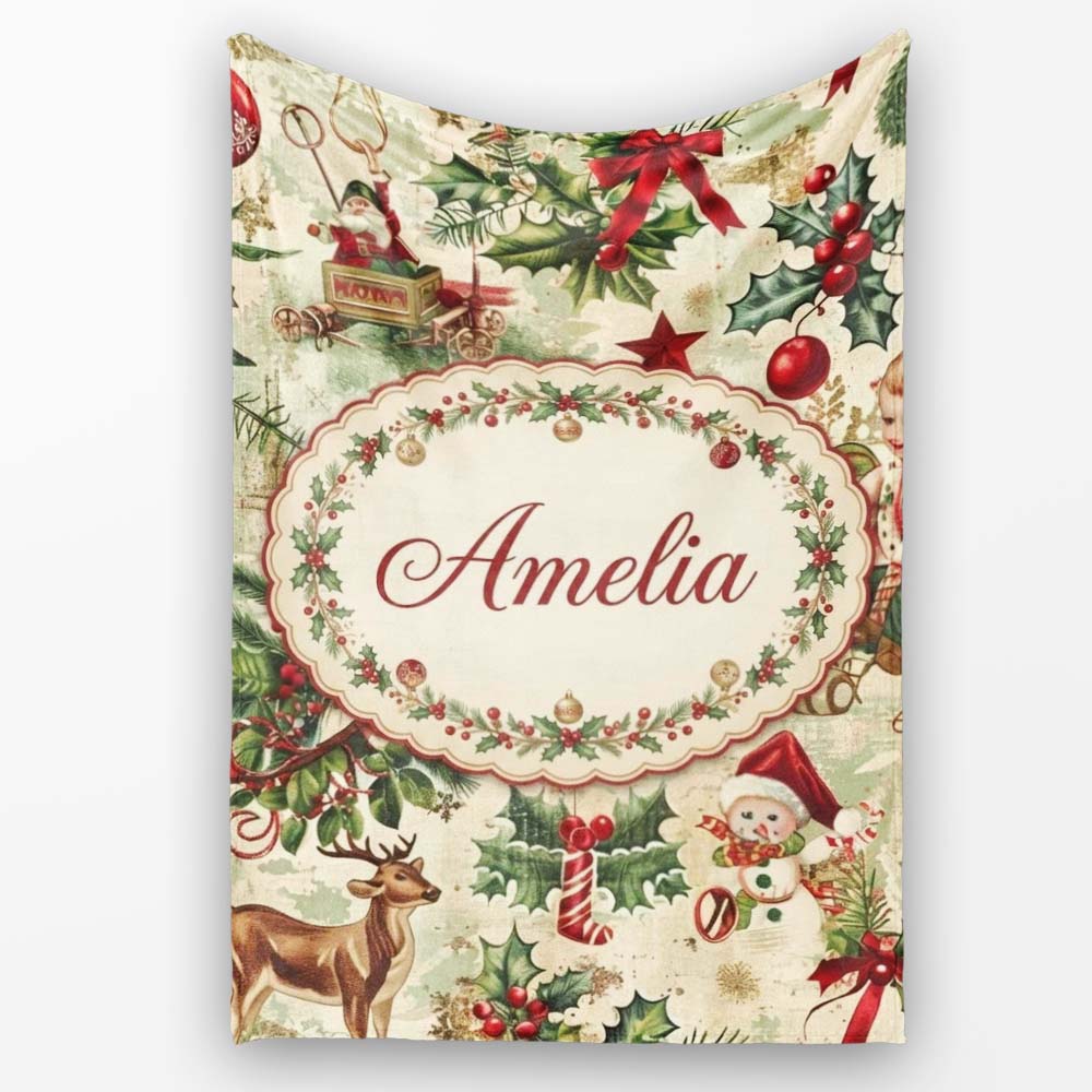 Classic Vintage Christmas Toys Tree Santa Festive Seamless Pattern Personalised Custom Name Super Soft Fleece Blanket Bed Sofa Throw