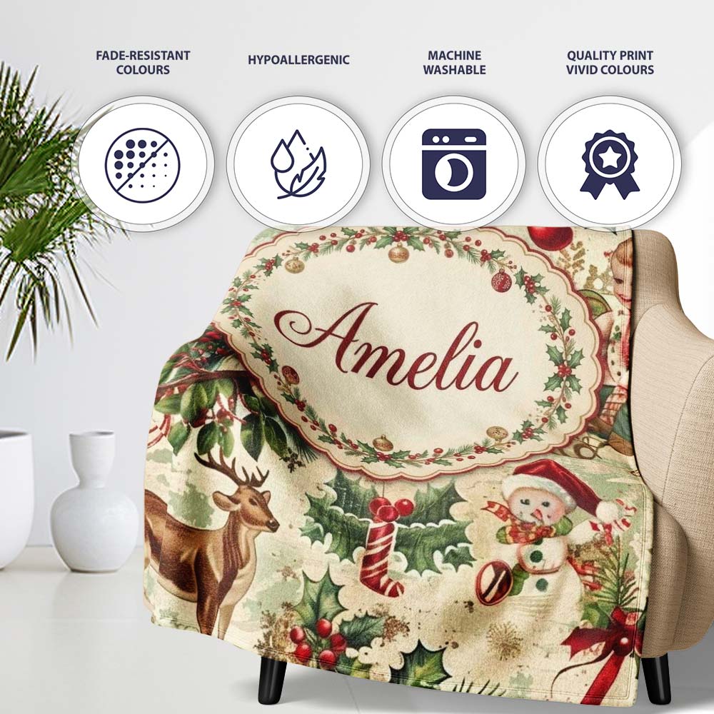Classic Vintage Christmas Toys Tree Santa Festive Seamless Pattern Personalised Custom Name Super Soft Fleece Blanket Bed Sofa Throw