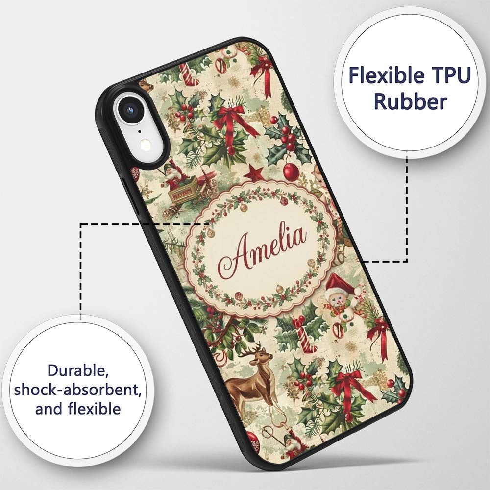Classic Vintage Christmas Toys Tree Santa Festive Custom Name Protective Phone Case Mobile Cover Durable Everyday Smartphone Shock Resistant